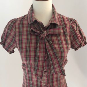Divided Red plaid button up shirt with tie size 2